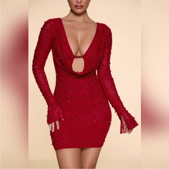 Ohpolly Nice Long Sleeve Deep Plunge Mini Dress in Rose - BNWT Medium - Picture 3 of 6